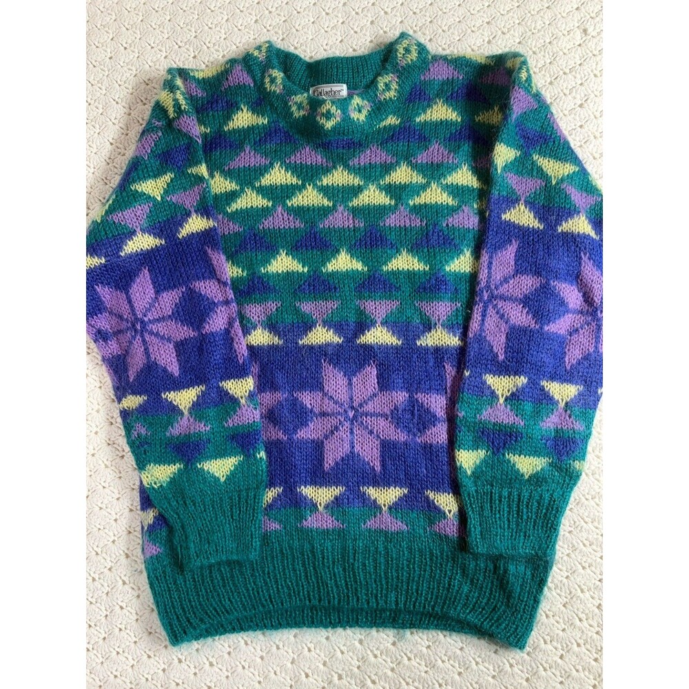 Vtg 90s GALLAGHER Womens Medium Angora Crewneck Sweater Multicolored Geometric